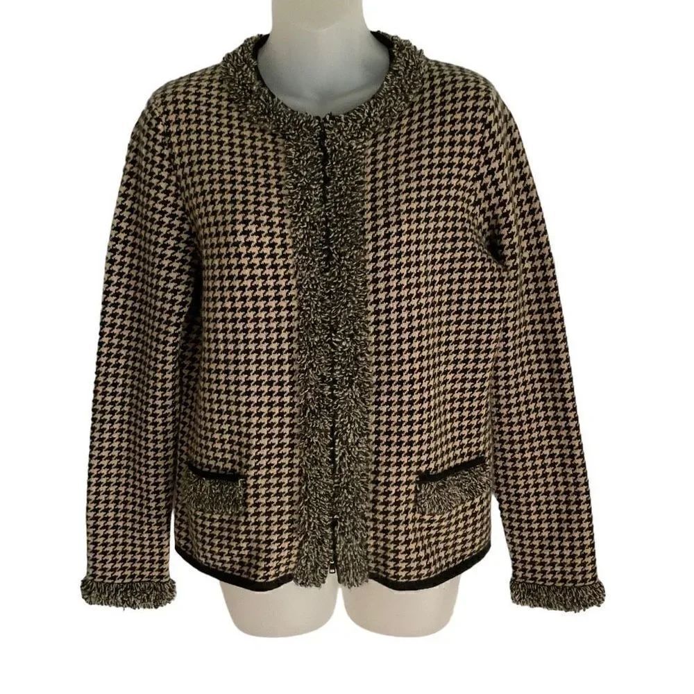 Belford Cardigan Cashmere Black Tan Houndstooth Loop Fringe Trim Zip Front Large